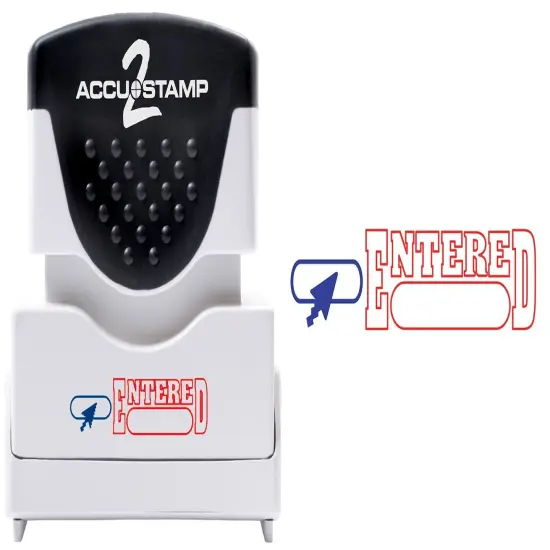 ACCUSTAMP2 Message Stamp, 2-color, Pre-inked, ENTERED, 1-5/8" x 1/2" impression size, Red Message with Blue Symbol {3}