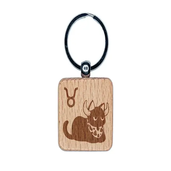Astrological Cat Taurus Horoscope Zodiac Sign Engraved Wood Square Keychain Tag Charm {1}