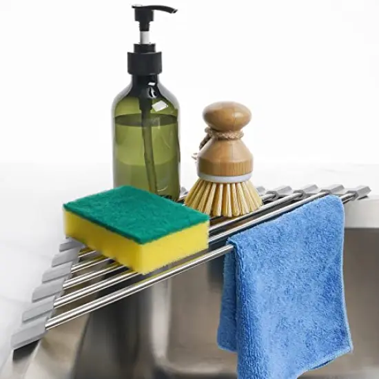 Triangle Roll-Up Dish Drying Rack for Sink Corner Small Foldable Stainless Steel Over The Sink Multipurpose Kitchen Drainer Caddy Organizer Storage Space Saver Shelf Holder (Gray) {2}