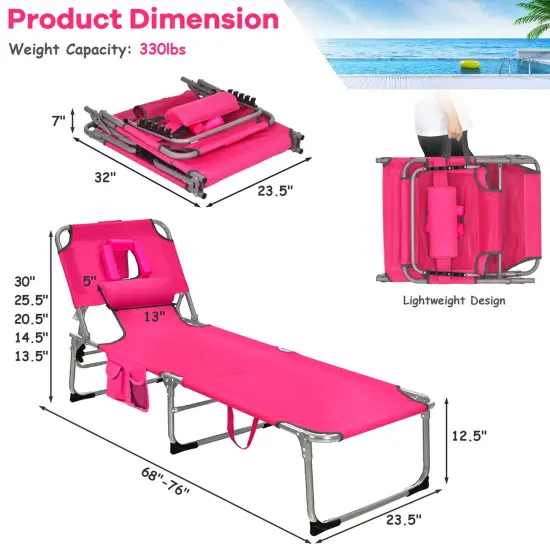 Goplus 2 PCS Outdoor Beach Lounge Chair Folding Chaise Lounge with Pillow Pink {3}