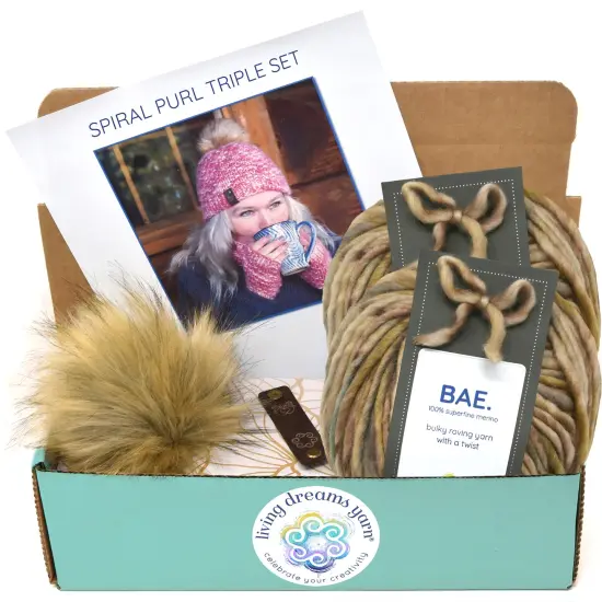 DIY Winter Accessories Triple Set Knit Kit. Includes Bulky Superfine Merino Wool Yarn, Printed Pattern, Pom-Pom, Rim Tag. Soft, Cozy, Great for Gifts Love Nest {1}