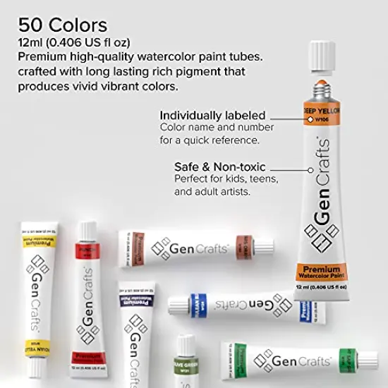 Watercolor Paint 50 Colors Set 12ml/ 0.4oz. - Quality Non Toxic Pigment Paints for Canvas, Fabric, Crafts, and More {4}