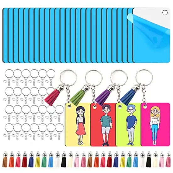 120 Pieces Sublimation Keychain Blanks Bulk - Sublimation Blanks Keychain with Blue Protective Film - MDF Rectangle Keychain with Tassels - Heat Transfer Keychain Blanks Double Sided {2}