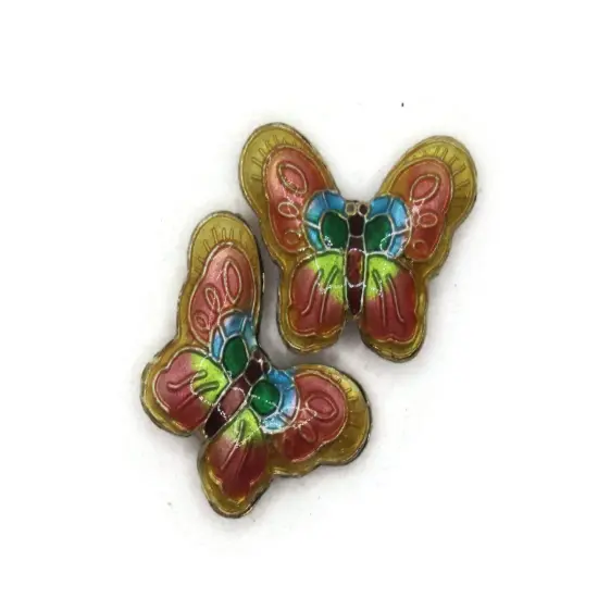 2 23mm Yellow and Pink Butterflies Cloisonne Metal Butterfly Beads {3}