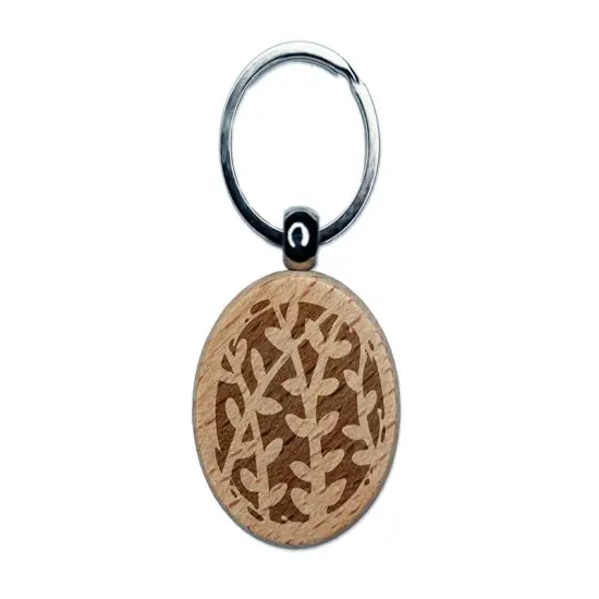 Circle of Leaves Vines Weeds Plants Engraved Wood Round Keychain Tag Charm {1}