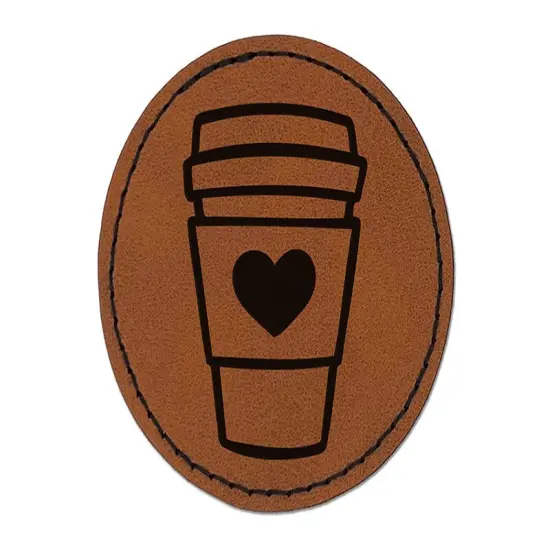 Cute Coffee Lover Traveling Mug Cup Tea Hot Chocolate Round Iron-On Engraved Faux Leather Patch Applique - 2.5" Brown {1}