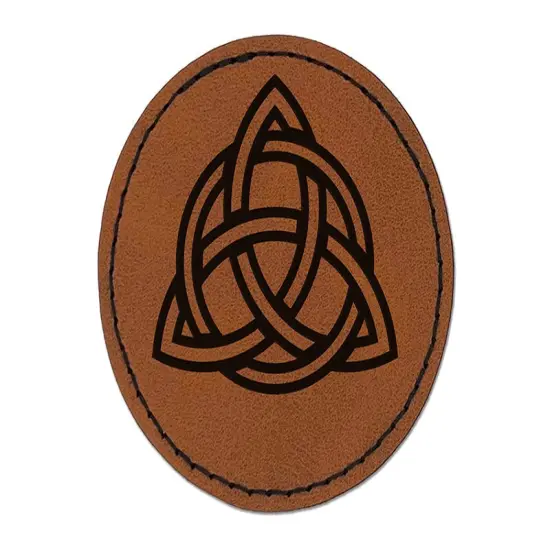 Celtic Triquetra Knot Outline Round Iron-On Engraved Faux Leather Patch Applique - 2.5" Brown {1}