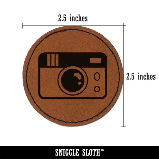 Vintage Disposable Camera Round Iron-On Engraved Faux Leather Patch Applique - 2.5" Brown {3}