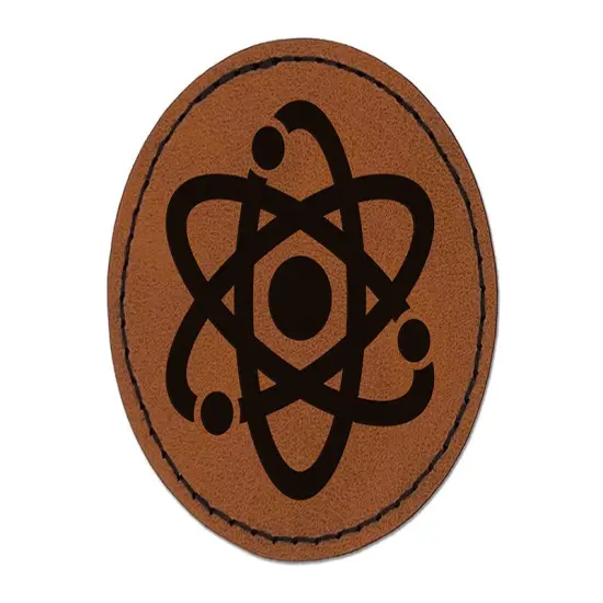 Atom Atomic Round Iron-On Engraved Faux Leather Patch Applique - 2.5" Brown {1}