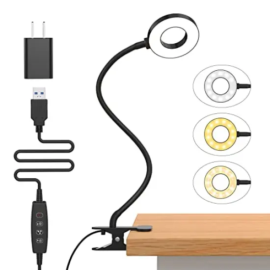 Desk Lamp, [3 Color Modes & 10 Brightness] LED Reading Light with Clamp, Flexible Gooseneck Book Light for Kids Reading Book in Bed at Night Clip on Table, Headboard, Dorm - 15.8&lsquo;&rsquo; Black {2}
