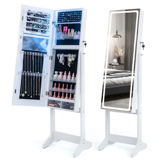 Costway LED Mirror Jewelry Cabinet Organizer Armoire Standing with Built-in 3 Color Light {9}
