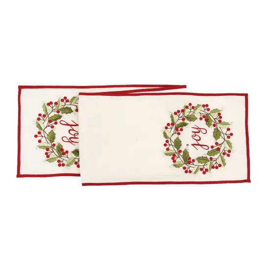 Embordered "Joy" Sentiment w/ Holly Berry Wreath on Off White Background w/ Red Trim Cotton Table Runner 14" x 72" {1}
