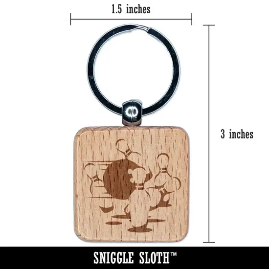 Bowling Ball Knocking Over Bowling Pins Engraved Wood Square Keychain Tag Charm {2}