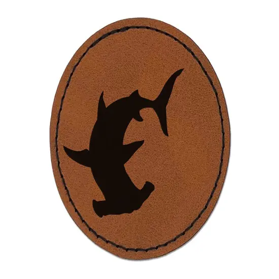 Hammerhead Shark Silhouette Round Iron-On Engraved Faux Leather Patch Applique - 2.5" Brown {1}