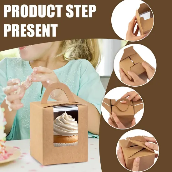 60 Pieces Kraft Cupcake Boxes, Cupcake Carrier with Window Insert and Handle Kraft Pastry Containers Muffins Cupcake Carriers for Bakery Wrapping Party Favor Packing {6}