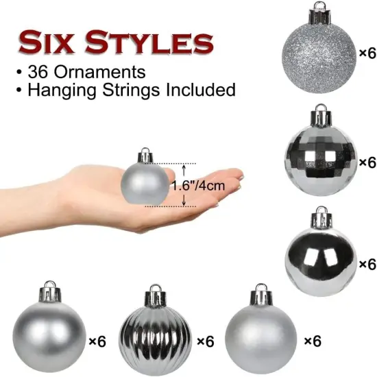 1.6in 36-Piece Shatterproof Christmas Balls - Xmas Tree Ornaments Silver {4}