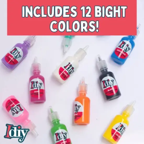 DIY Fabric Paints, Set of 12 Colors, (1oz bottles) Ultra Bright 3D Fabric Paint, Non-Toxic Water-Based and Permanent - Great Craft, Gift, Project - Decorate on Any Surface! {1}