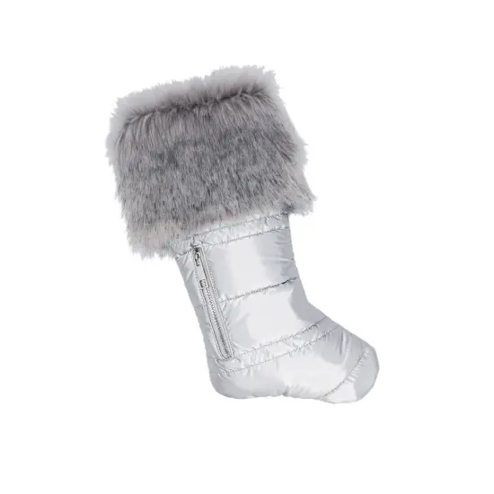 Matte Silver Puffer Christmas Stocking with Faux Fur {1}