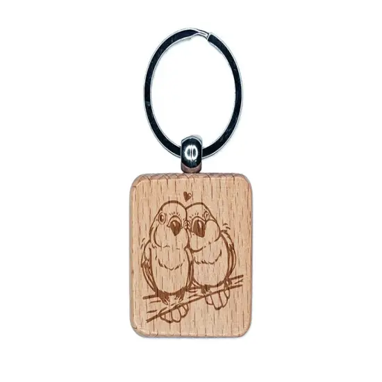 Pair of Lovebirds Parrots Anniversary Valentine's Day Engraved Wood Square Keychain Tag Charm {1}