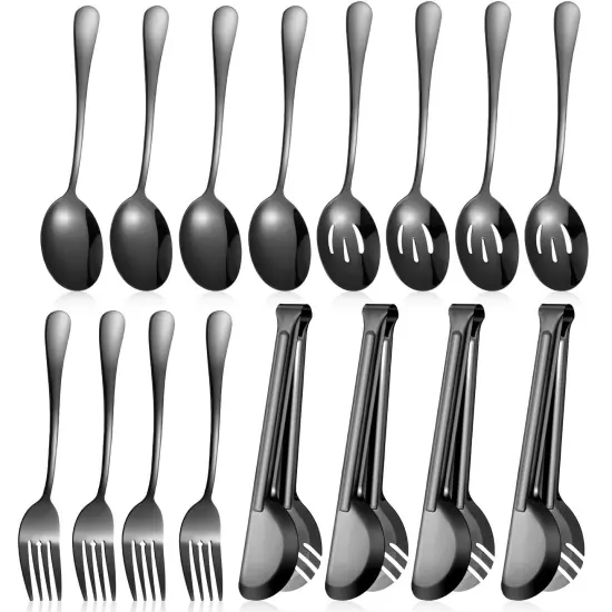 15 Pieces Stainless Steel Serving Utensils Large Serving Spoon Set 9.45 Inch Metal Tongs 9 Inch Serving Forks 8.7 Inch Slotted Spoons and Serving Spoon Kitchen Wedding Party (Black) {2}