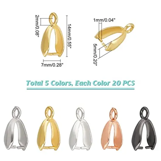 100 Pieces Brass Pinch Clip Bail Clasp Dangle Charm Bead Pendant Connector Findings 14x7x5mm for Jewelry Making 5 Colors {2}