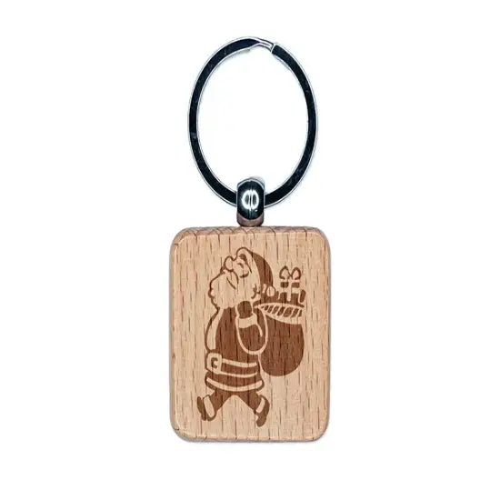 Santa Claus with Bag of Gifts Christmas Holiday Engraved Wood Square Keychain Tag Charm {1}