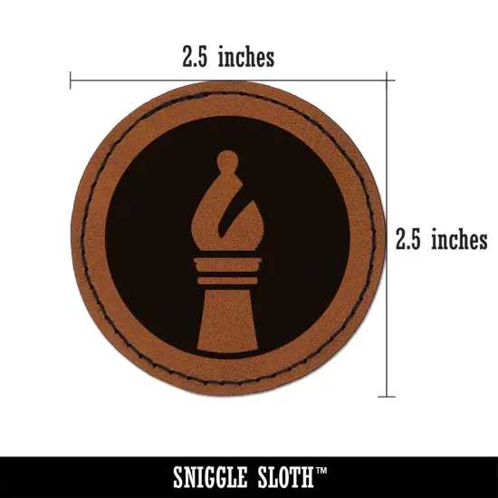 Chess Piece White Bishop Round Iron-On Engraved Faux Leather Patch Applique - 2.5" Brown {3}
