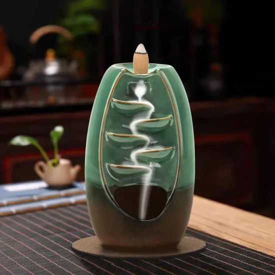 Backflow Incense Burner, Ceramic Waterfall Incense Burner Holder with 120 Incense Cones and 30 Incense Sticks Incense Fountain Smoke Waterfall for Meditation Zen Spiritual Room Home Decor, Cyan {4}