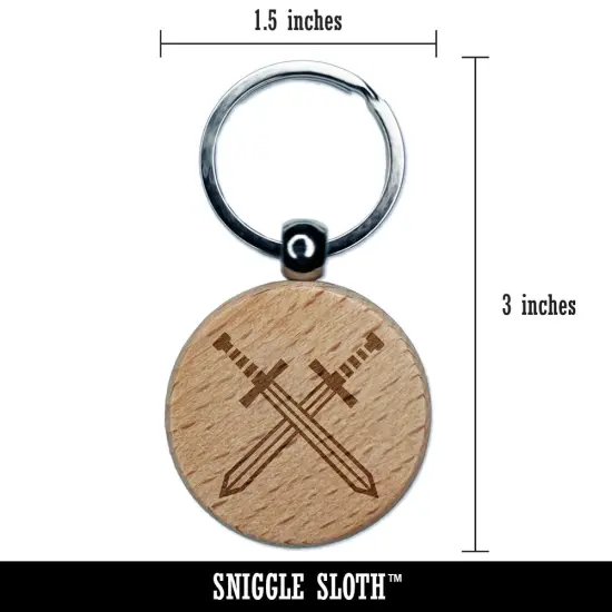 Crossed Swords Battle Icon Engraved Wood Round Keychain Tag Charm {2}