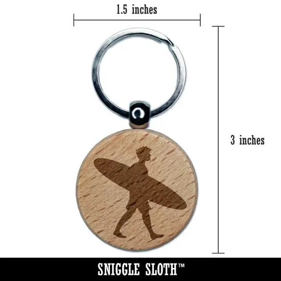 Surfer Man with Surfboard Walking Engraved Wood Round Keychain Tag Charm {2}