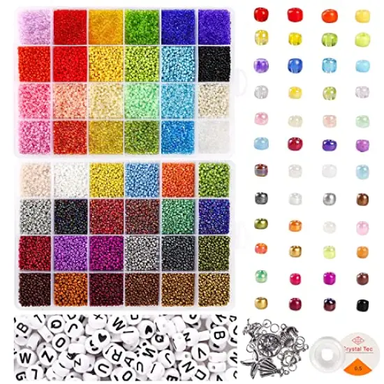 35000 pieces 2mm Glass Seed Beads for Jewelry Making Kit, 250pcs Alphabet Letter Beads, Tiny Beads Set for Bracelets Making, DIY, Art and Craft with Rolls of Elastic String Cord, Charms and Rings {1}
