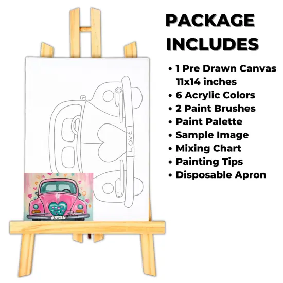 "Love Car" DIY Canvas Art Kit, Adult Beginner, Acrylic Paint Size 11x14 inch {2}
