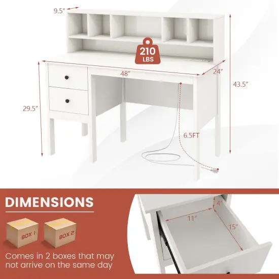 Costway Computer Desk 48" Writing Table w/ Power Outlets 5-Cubby Hutch 2 Storage Drawers {3}