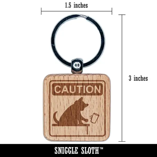 Caution Cat Knocks Things Over Engraved Wood Square Keychain Tag Charm {2}