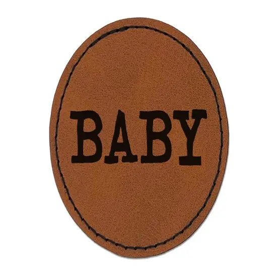 Baby Fun Text Round Iron-On Engraved Faux Leather Patch Applique - 2.5" Brown {1}