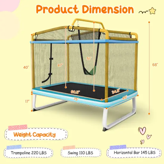 Rectangle Trampoline with Swing Horizontal Bar and Safety Net Yellow {4}