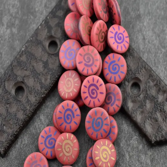 *8* 14mm Opaque Red Satin Sliperit Laser Tattoo Sun Coin Beads {1}