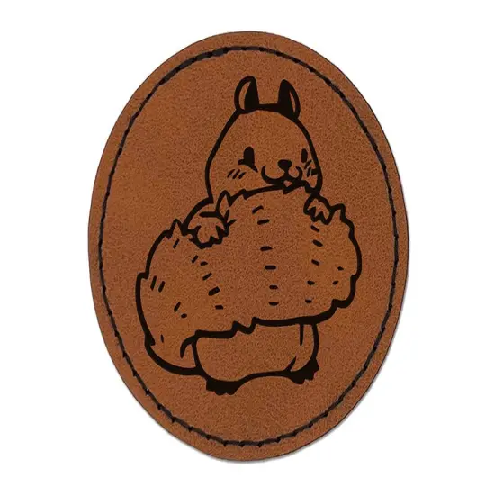 Shy Squirrel Hiding Behind Tail Round Iron-On Engraved Faux Leather Patch Applique - 2.5" Brown {1}