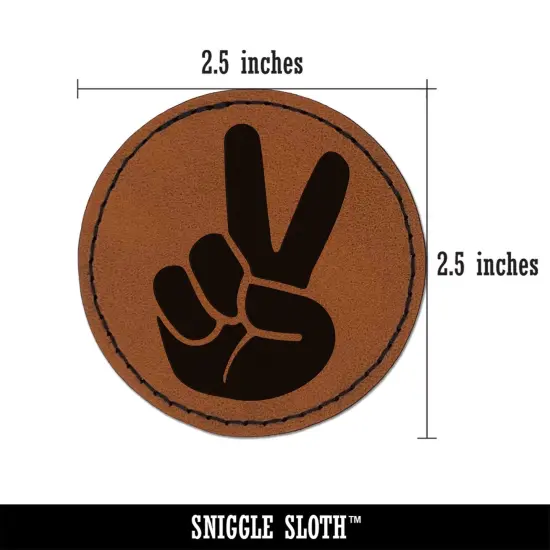 Peace Hand Sign Round Iron-On Engraved Faux Leather Patch Applique - 2.5" Brown {3}