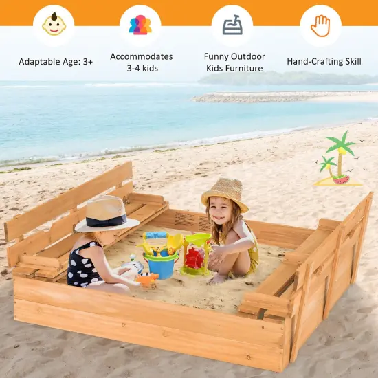 Kids Wooden Sandbox with 2 Foldable Bench Seats {2}