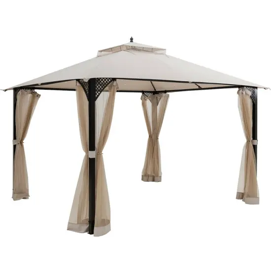 12 x 10 Feet Outdoor Double Top Patio Gazebo with Netting Beige {5}