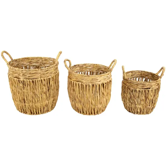 Northlight Set of 3 Textured Woven Water Hyacinth Rustic Storage Baskets with Handles 15.75" Beige {1}