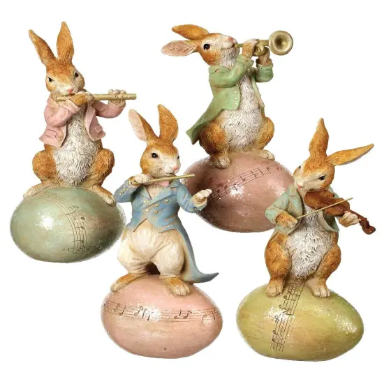 9" Handcrafted Vintage Musical Easter Bunny Figurines &ndash; Set of 4 Pastel Rabbit Musicians on Eggs {1}