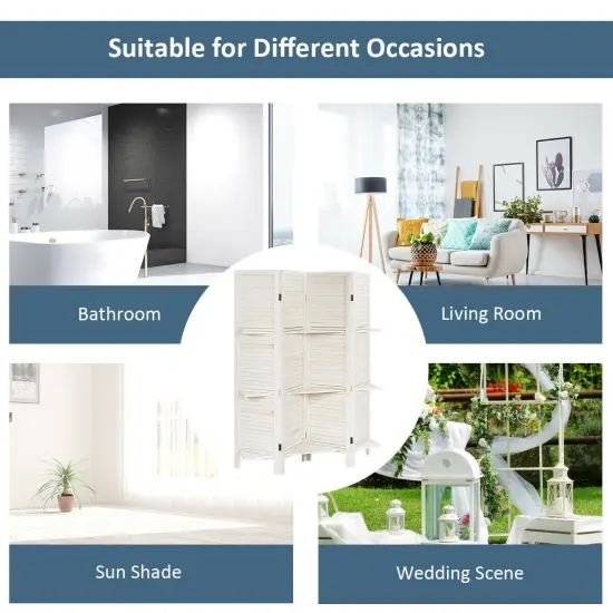 4 Panel Folding Room Divider Screen with 3 Display Shelves White {2}