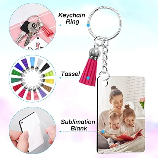 120 Pieces Sublimation Keychain Blanks Bulk Sublimation Keychain Blanks Set with Rectangle Sublimation Blanks, Keychain Tassels, Keychain Rings and Jump Rings for DIY Keychain Crafting {2}