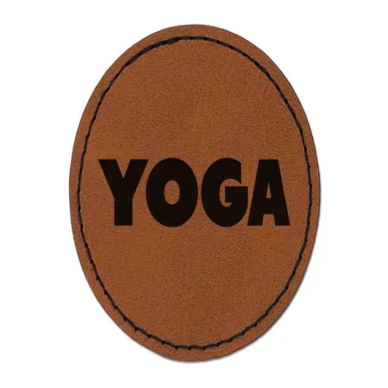 Yoga Bold Text Round Iron-On Engraved Faux Leather Patch Applique - 2.5" Brown {1}