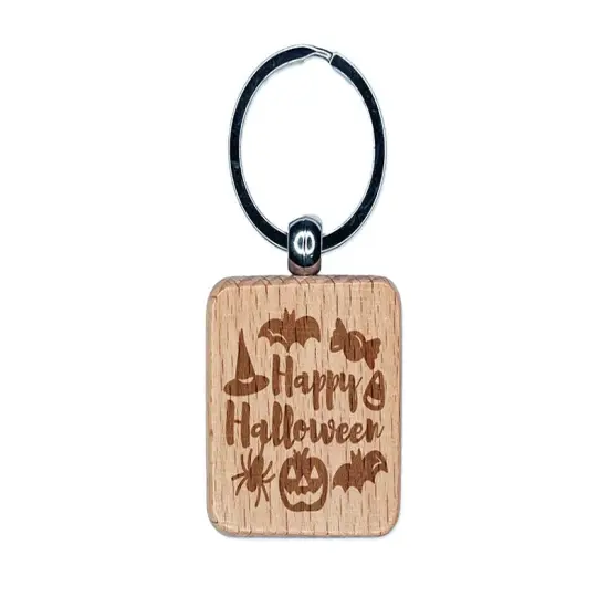 Happy Halloween Candy Bats Spider Engraved Wood Square Keychain Tag Charm {1}