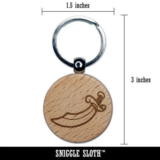 Scimitar Curved Pirate Sword Engraved Wood Round Keychain Tag Charm {2}