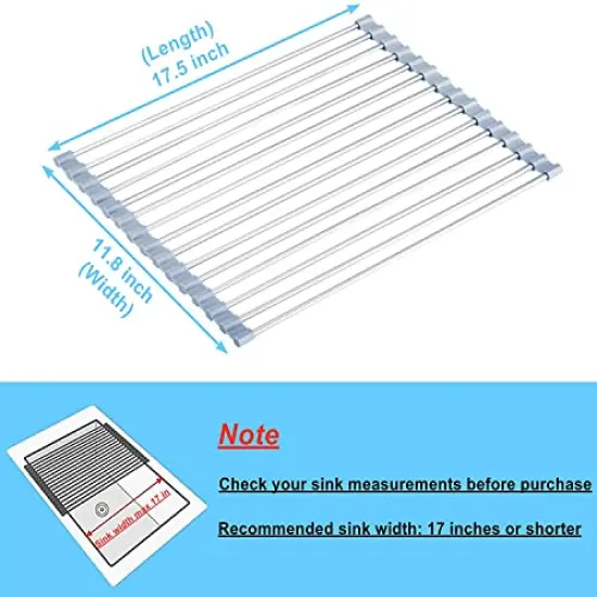 Roll Up Dish Drying Rack, Roll Over The Sink Dish Drying Rack Kitchen Rolling Dish Drainer, Foldable Sink Rack Mat Stainless Steel Wire Dish Drying Rack for Kitchen Sink Counter (17.5''x11.8'') {5}