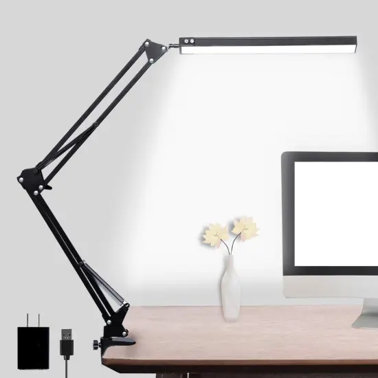 LED Desk Lamp, Adjustable Swing Arm Lamp with Clamp, Eye-Caring Reading Light, 10 Brightness Levels, 3 Lighting Modes, Memory Function Lamps for Home Office Adapter (Black) {1}